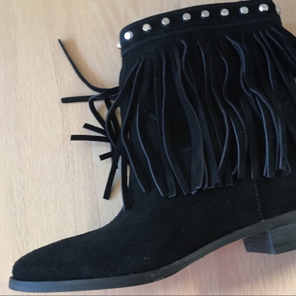 Black Suede Studded Boots Billy Low Heel Fringe Michael Michael Kors Size 7 New - Picture 7 of 8
